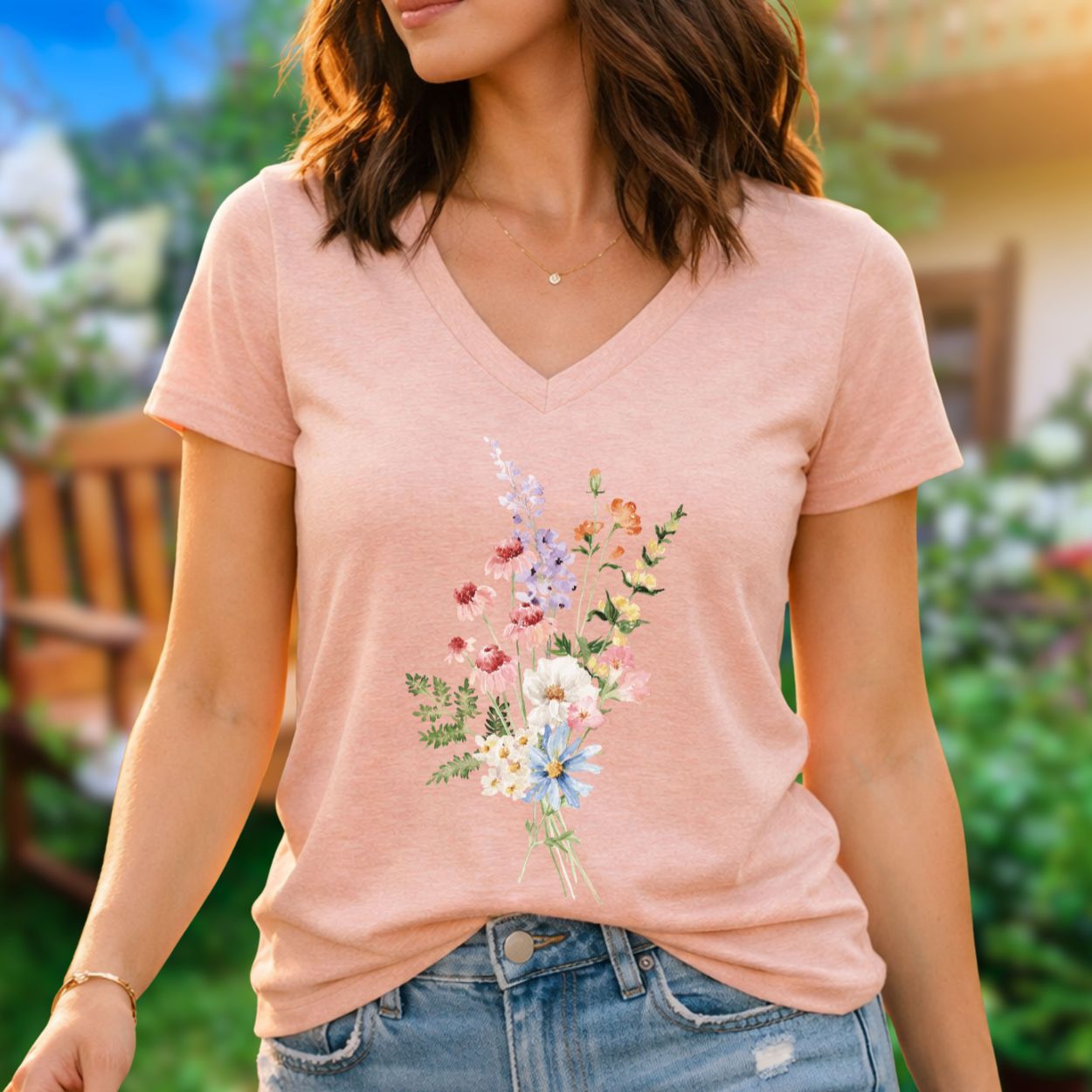 Faded rose v-neck t-shirt with a delicate wildflower bouquet illustration, worn by a woman outdoors.