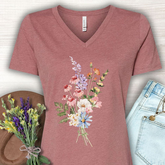 Summer Delicate Wildflower Bouquet V-Neck T-Shirt