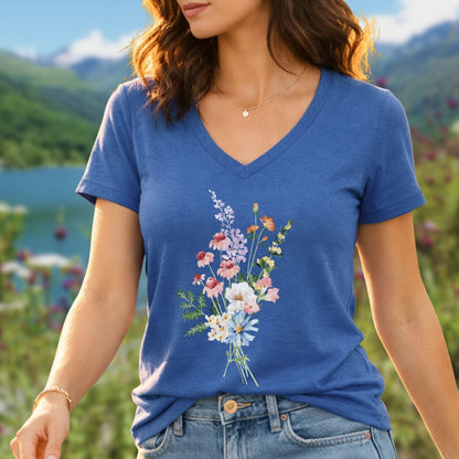 Woman in a blue v-neck t-shirt with a delicate wildflower bouquet illustration, paired with denim jeans.