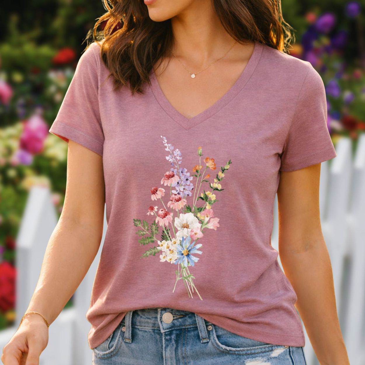Faded rose v-neck t-shirt with a delicate wildflower bouquet illustration, paired with blue jeans.