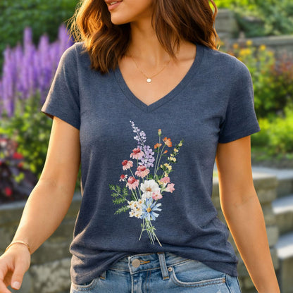 Woman wearing a navy blue V-neck t-shirt with a colorful wildflower bouquet illustration, paired with jeans.