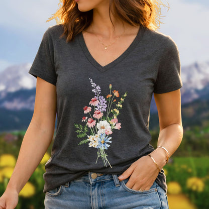 Charcoal gray v-neck t-shirt with a colorful wildflower bouquet illustration, worn by a woman outdoors.