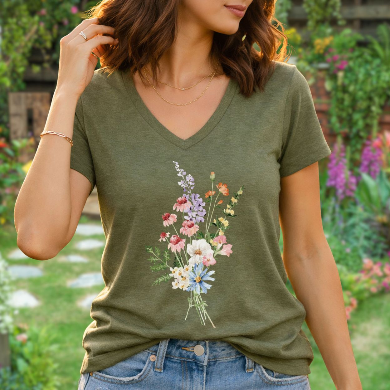 Woman in a relaxed olive green v-neck t-shirt with a delicate wildflower bouquet illustration.