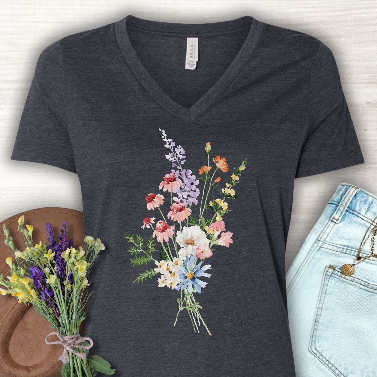 Dark Grey Heather v-neck t-shirt with a delicate watercolor wildflower bouquet illustration.