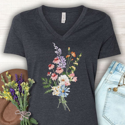Dark Grey Heather v-neck t-shirt with a delicate watercolor wildflower bouquet illustration.