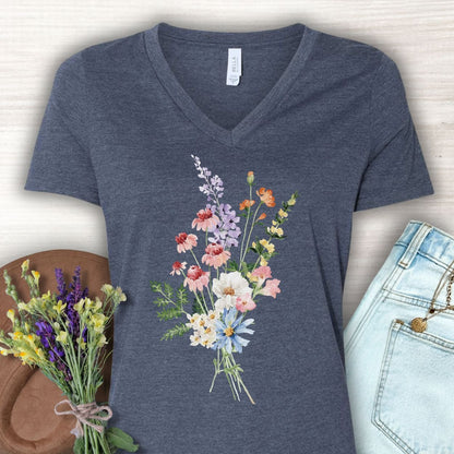 Heather Navy V-neck t-shirt with a delicate wildflower bouquet illustration.