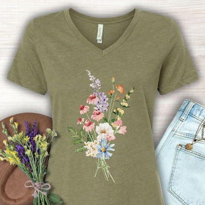 Heather Olive V-neck T-shirt with a delicate wildflower bouquet illustration, soft cotton/poly blend.