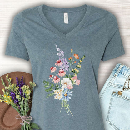 Heather Slate V-neck T-shirt with a delicate wildflower bouquet illustration, soft cotton/poly blend.