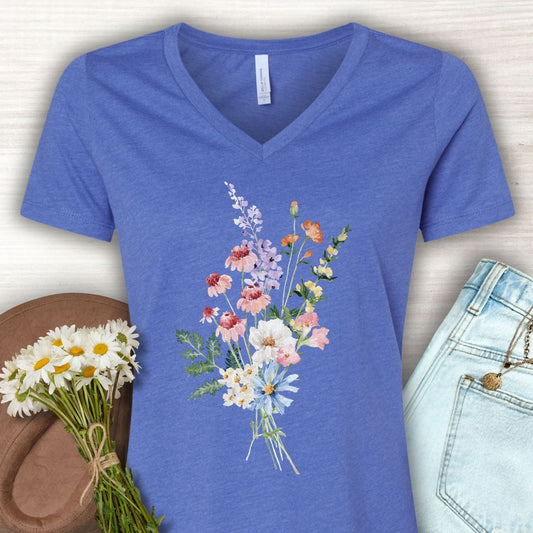 Summer Delicate Wildflower Bouquet V-Neck T-Shirt