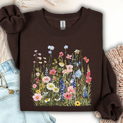 Dark Chocolate Summer Meadow sweatshirt with watercolor wildflowers, folded on a white surface with jeans.