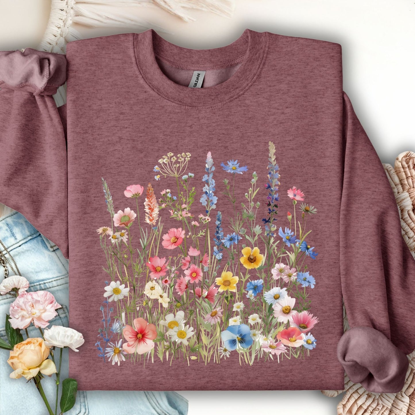 Heather Sport Dark Maroon Summer Meadow sweatshirt with watercolor wildflowers in a rainbow of hues.