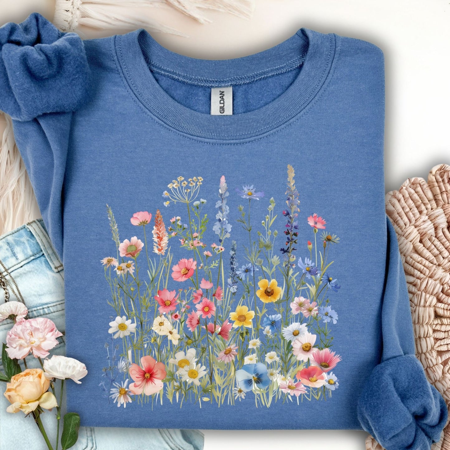 Indigo Blue Summer Meadow sweatshirt with colorful watercolor wildflowers.