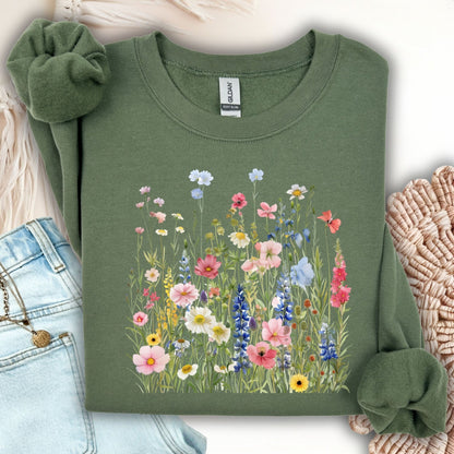 Military Green Summer Meadow sweatshirt with watercolor wildflowers, made from a soft cotton-blend fabric.