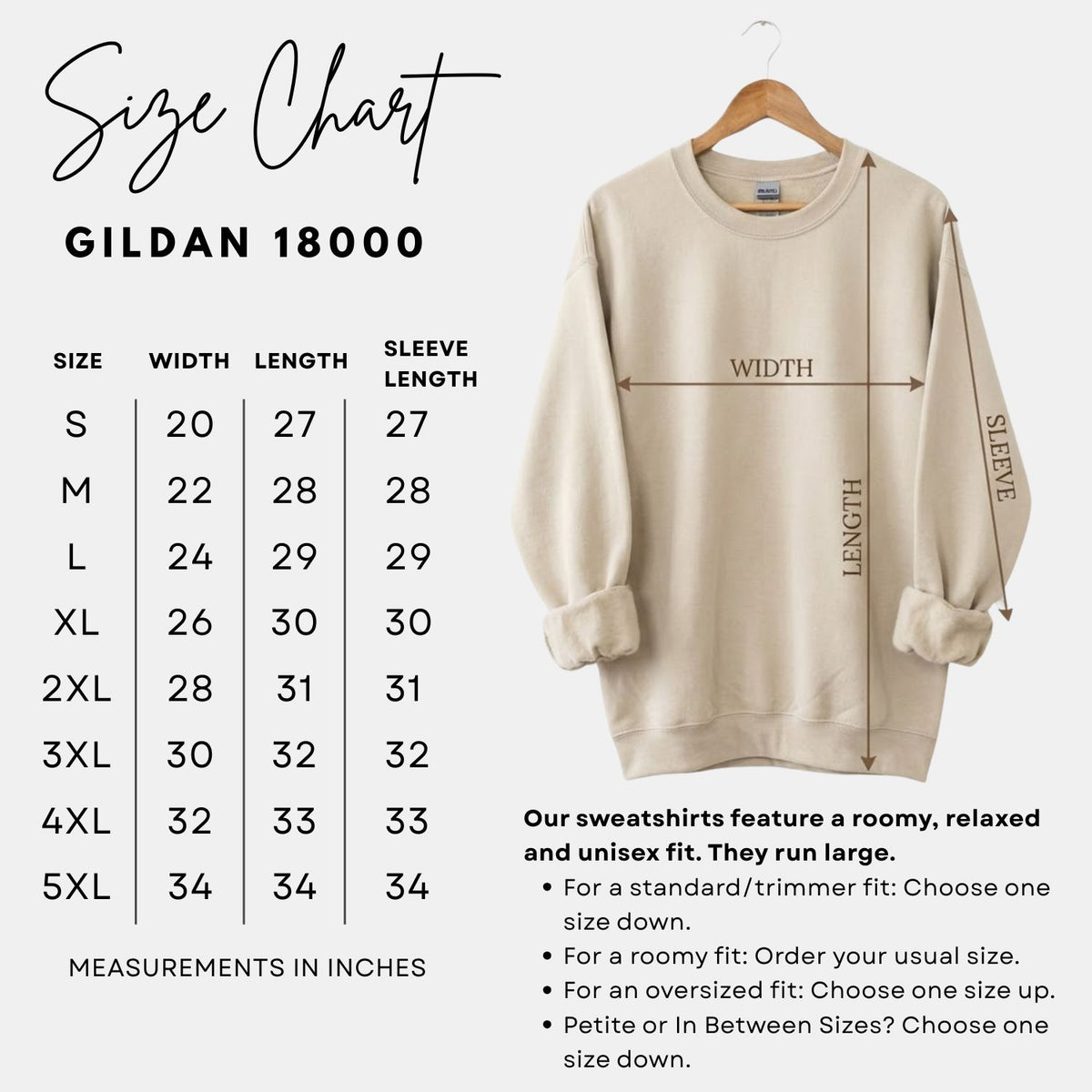 Gildan 18000 size chart with measurements in inches and a beige unisex crewneck sweatshirt.