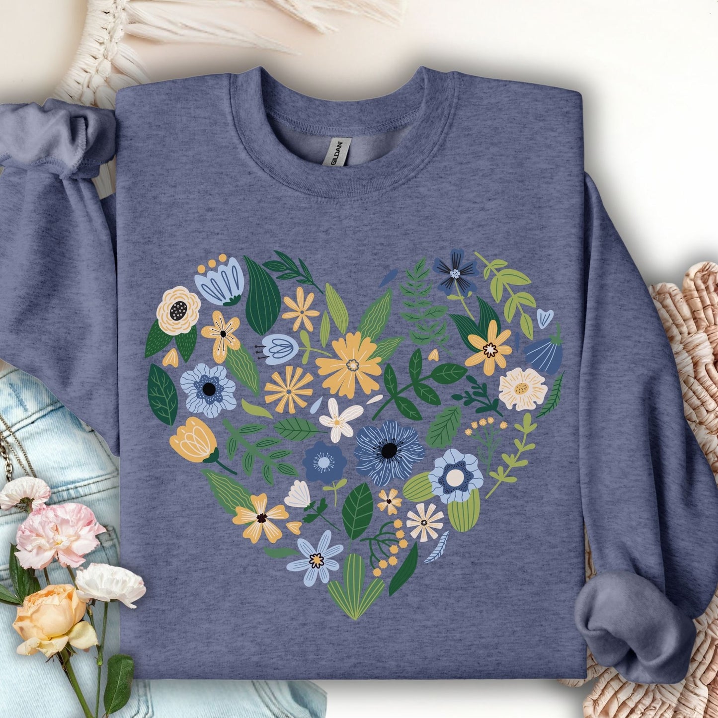 Sweet Blue & Yellow Floral Heart Sweatshirt