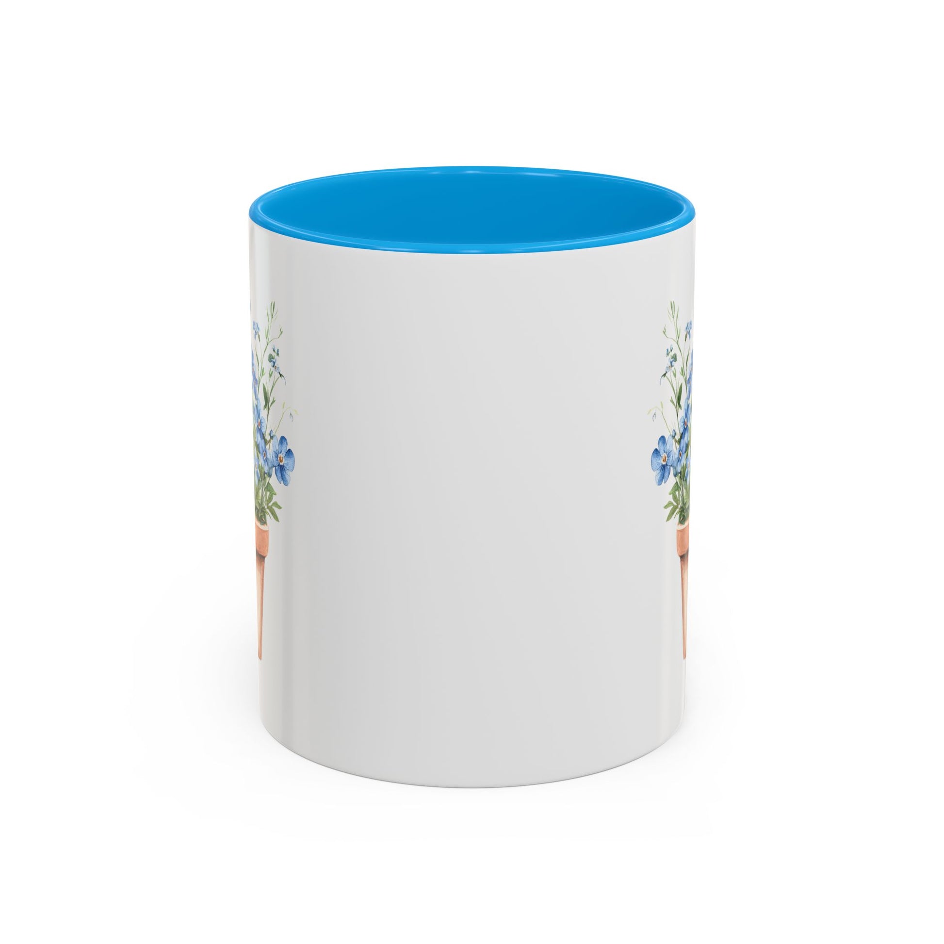 White ceramic mug with blue interior and C-handle, featuring a watercolor terracotta pot with blue forget-me-nots.