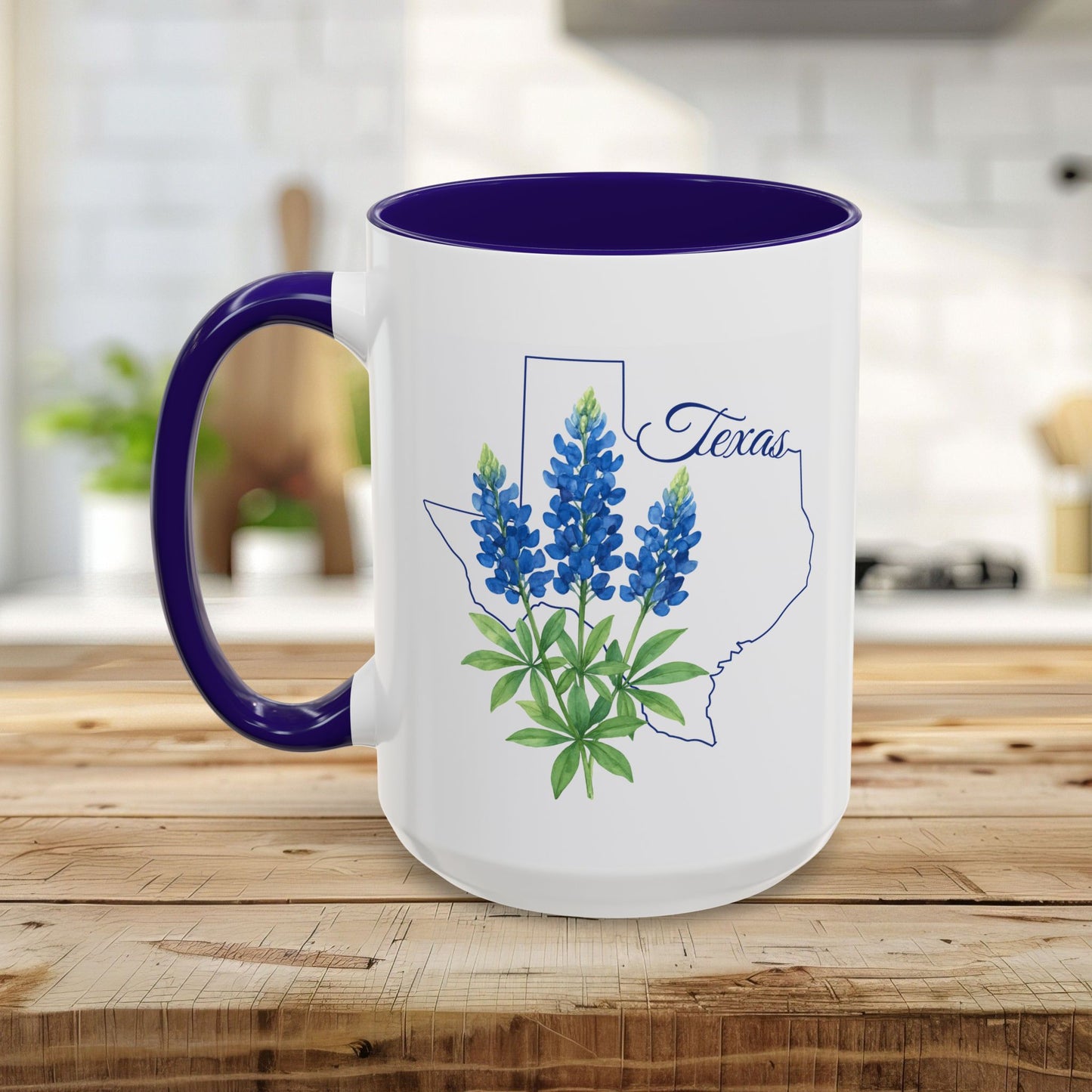 White ceramic mug with purple interior and handle, featuring a bluebonnet illustration inside a Texas outline.
