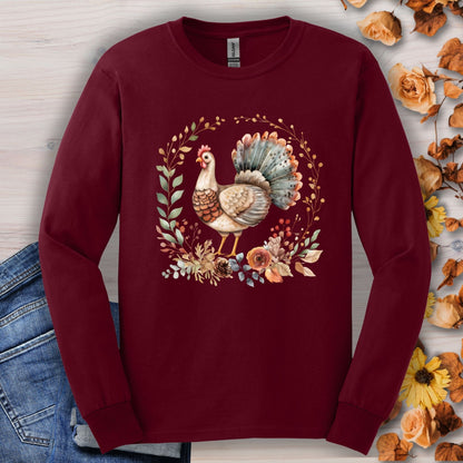 Maroon long sleeve tee with watercolor Thanksgiving turkey and autumn foliage.