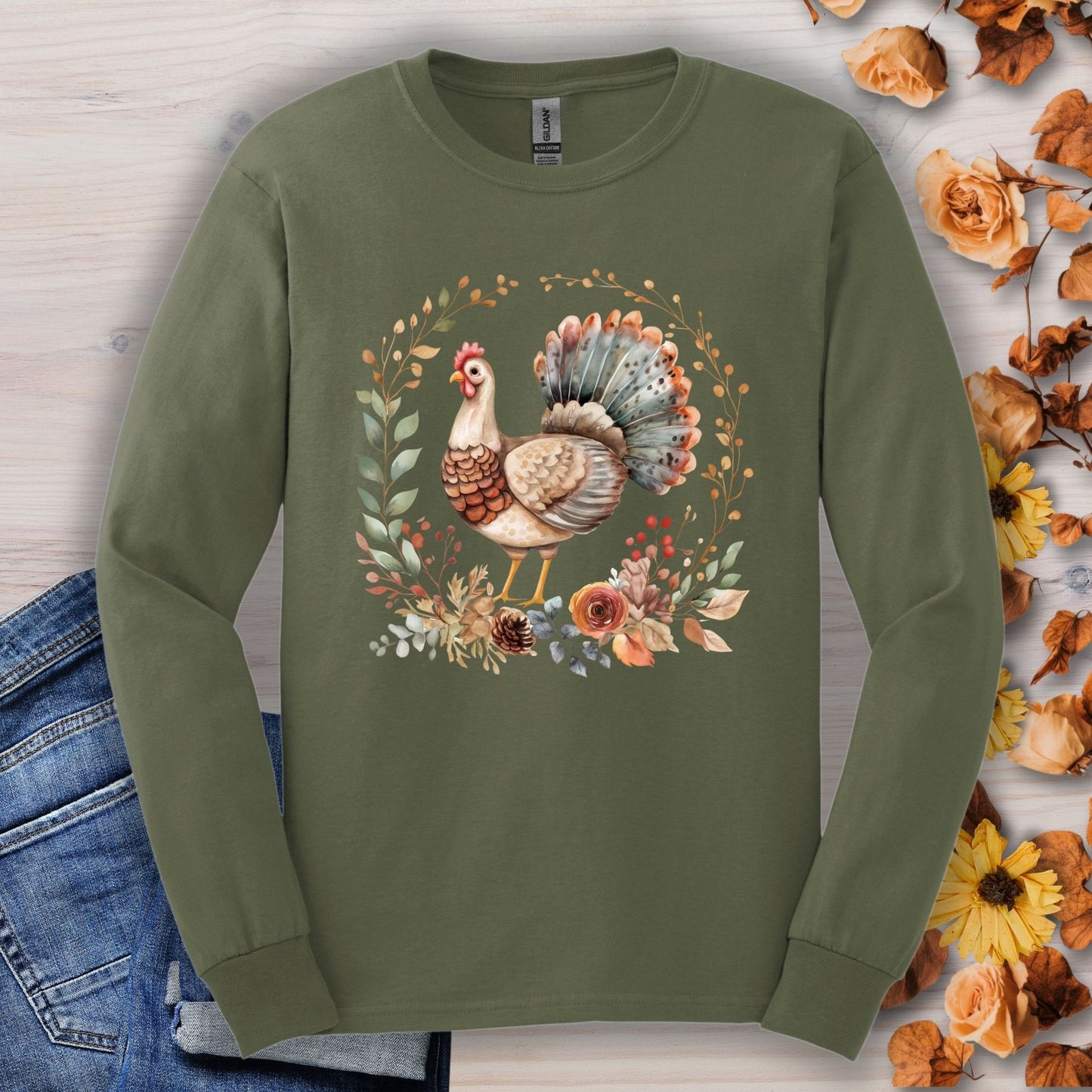 Military Green long sleeve tee with watercolor Thanksgiving turkey and autumn foliage.