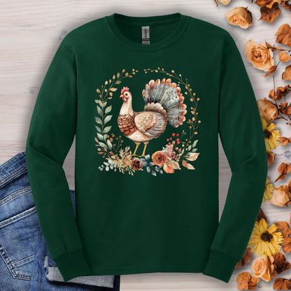 Forest Green long sleeve tee with a watercolor Thanksgiving turkey and autumn foliage design.