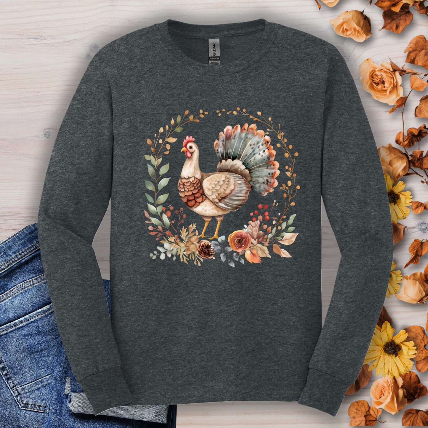 Dark Heather long sleeve tee with watercolor Thanksgiving turkey and autumn foliage.