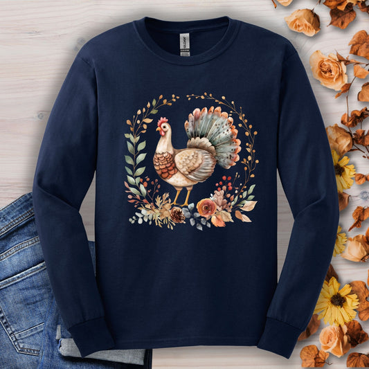 Navy long sleeve tee with a watercolor Thanksgiving turkey and autumn foliage in a cottage core design.