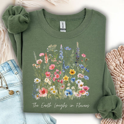 Military Green crewneck sweatshirt with a colorful wildflower bouquet and "The Earth Laughs in Flowers" text.