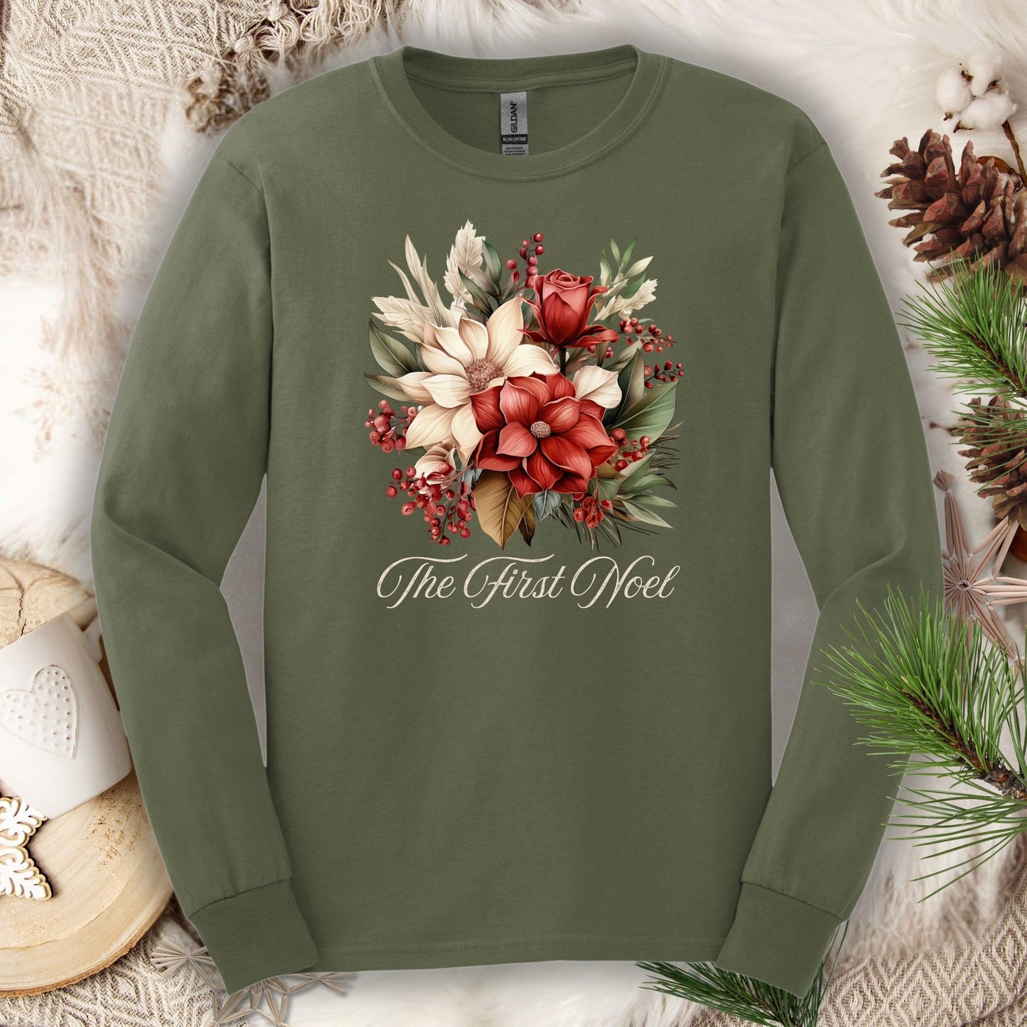 Military Green Gildan long sleeve tee with a watercolor Christmas bouquet and "The First Noel" text.