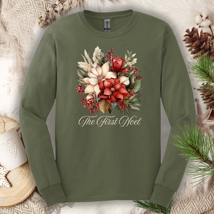 Military Green Gildan long sleeve tee with a watercolor Christmas bouquet and "The First Noel" text.