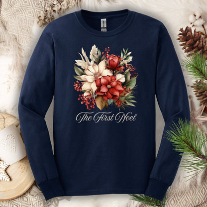Navy Gildan long sleeve tee with a watercolor Christmas bouquet of poinsettias, roses, and "The First Noel" text.