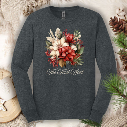 Dark Heather Gildan long sleeve tee with a watercolor Christmas bouquet and "The First Noel" text.