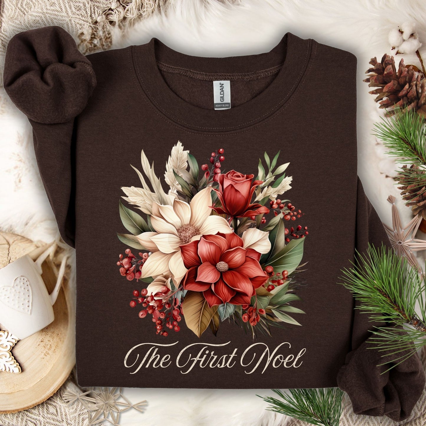 Dark Chocolate Gildan sweatshirt with vintage "The First Noel" poinsettia and rose bouquet design.