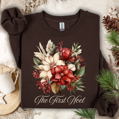 Dark Chocolate Gildan sweatshirt with vintage "The First Noel" poinsettia and rose bouquet design.