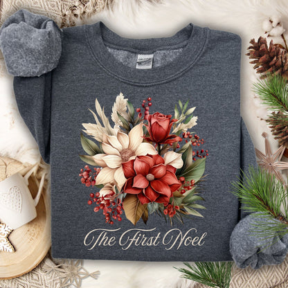Dark Heather Gildan S sweatshirt with vintage poinsettia, rose, and "The First Noel" design.
