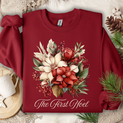 Garnet Gildan sweatshirt with vintage poinsettia, rose, and foliage bouquet, plus "The First Noel" text.