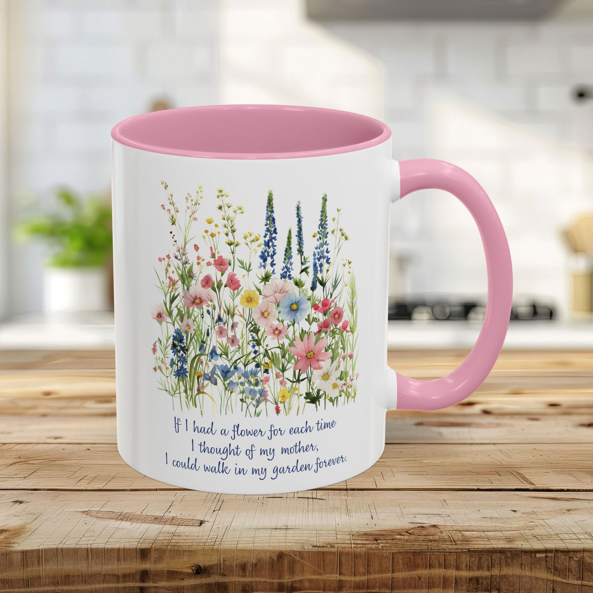 11oz white ceramic mug with pink handle/interior, featuring watercolor wildflowers and a reflective quote.