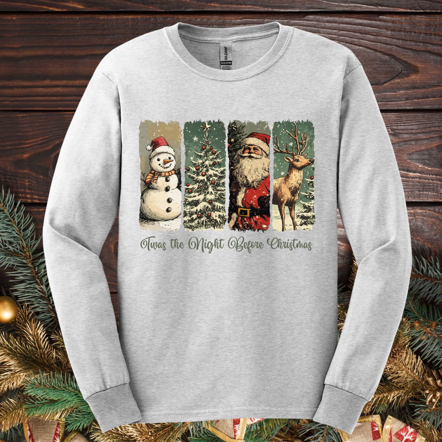 Ash long sleeve tee with vintage Santa, reindeer, snowman, and tree design.