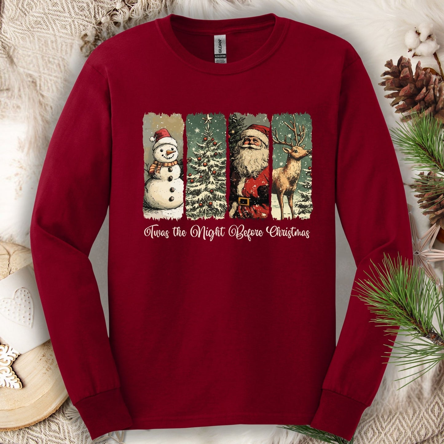 Cardinal Red Gildan long sleeve tee with vintage Santa, reindeer, snowman, and tree design.