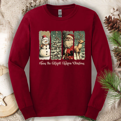 Cardinal Red Gildan long sleeve tee with vintage Santa, reindeer, snowman, and tree design.