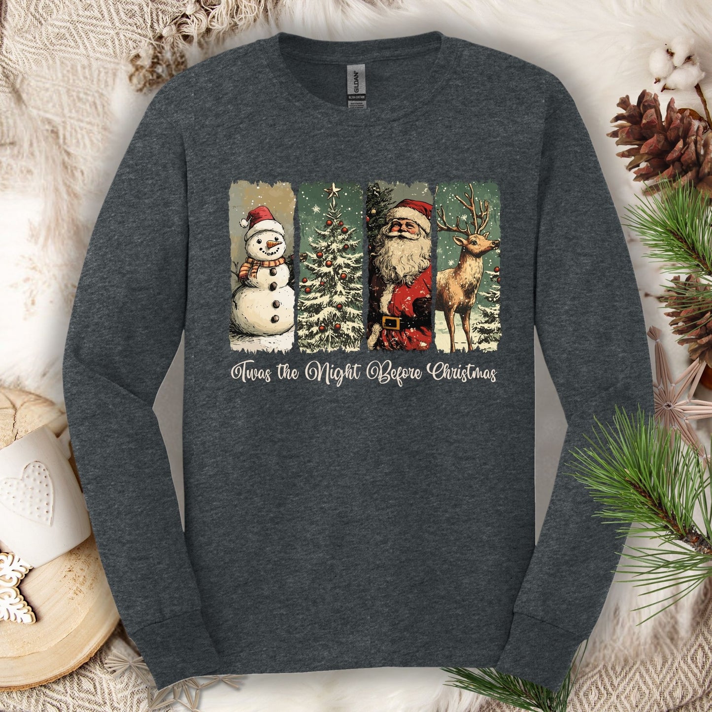 Dark Heather long sleeve tee with vintage Santa, reindeer, snowman, and tree design.