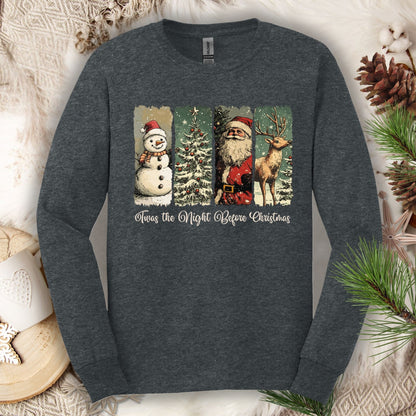 Dark Heather long sleeve tee with vintage Santa, reindeer, snowman, and tree design.