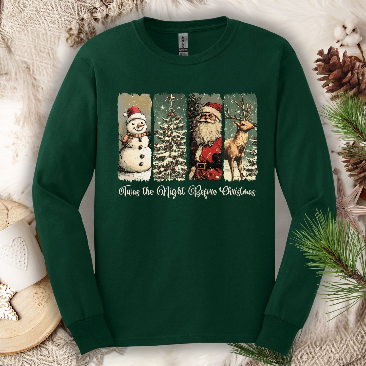 Forest Green long sleeve tee with vintage Santa, reindeer, snowman, and tree design.