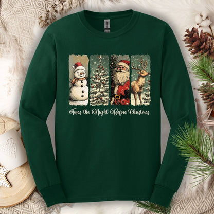 Forest Green long sleeve tee with vintage Santa, reindeer, snowman, and tree design.