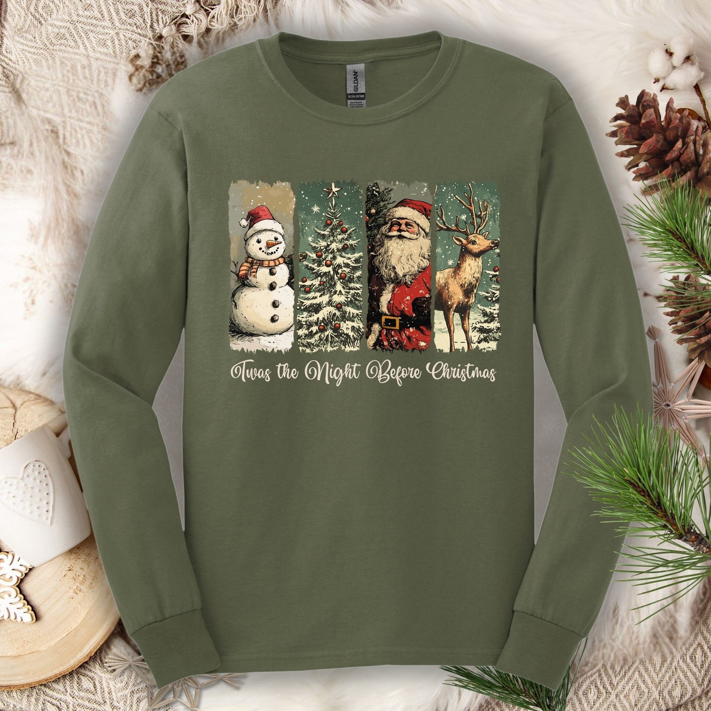 Military Green long sleeve tee with vintage Santa, reindeer, and snowman design.