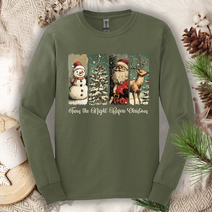 Military Green long sleeve tee with vintage Santa, reindeer, and snowman design.