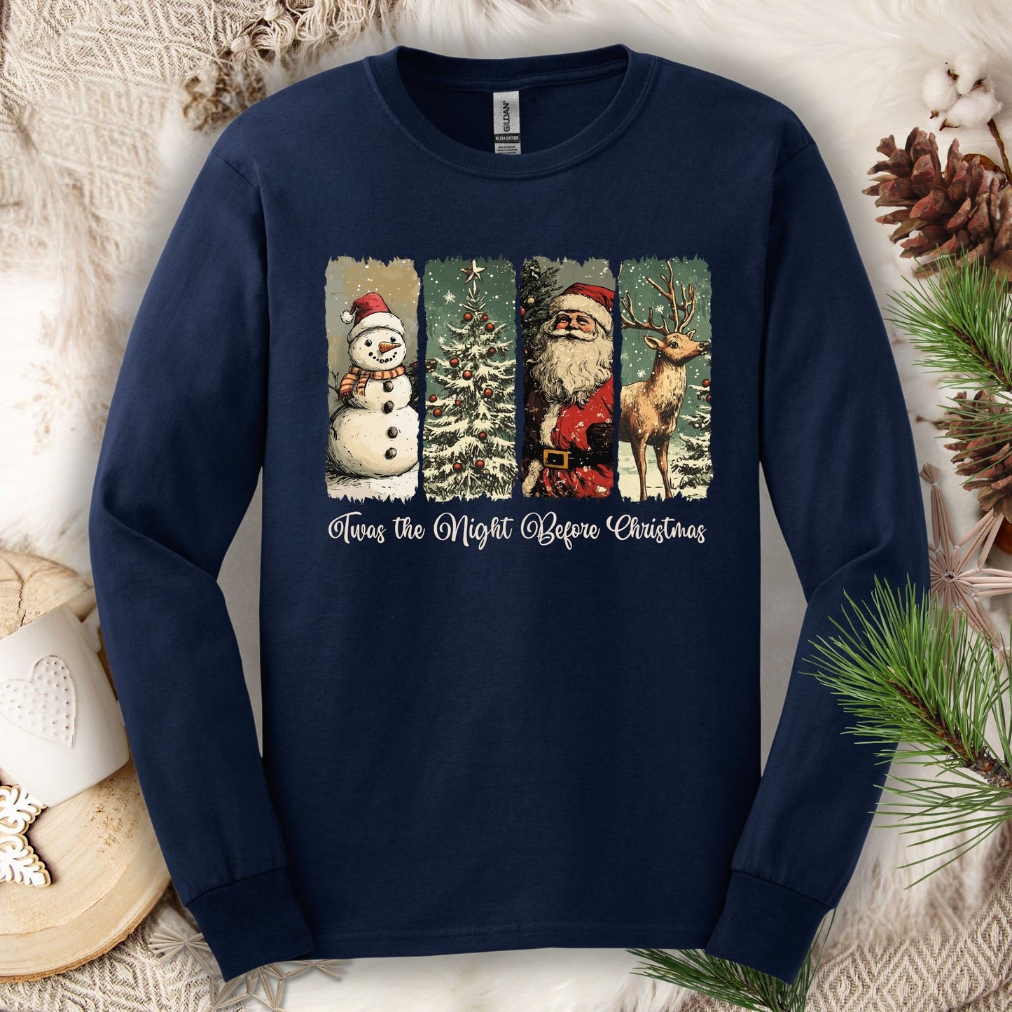 Navy long sleeve tee with vintage Santa, reindeer, snowman, and tree design for "Twas the Night Before Christmas.