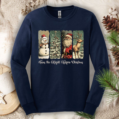 Navy long sleeve tee with vintage Santa, reindeer, snowman, and tree design for "Twas the Night Before Christmas.