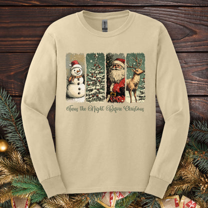 Sand Gildan long sleeve tee with vintage Santa, reindeer, snowman, and tree design.