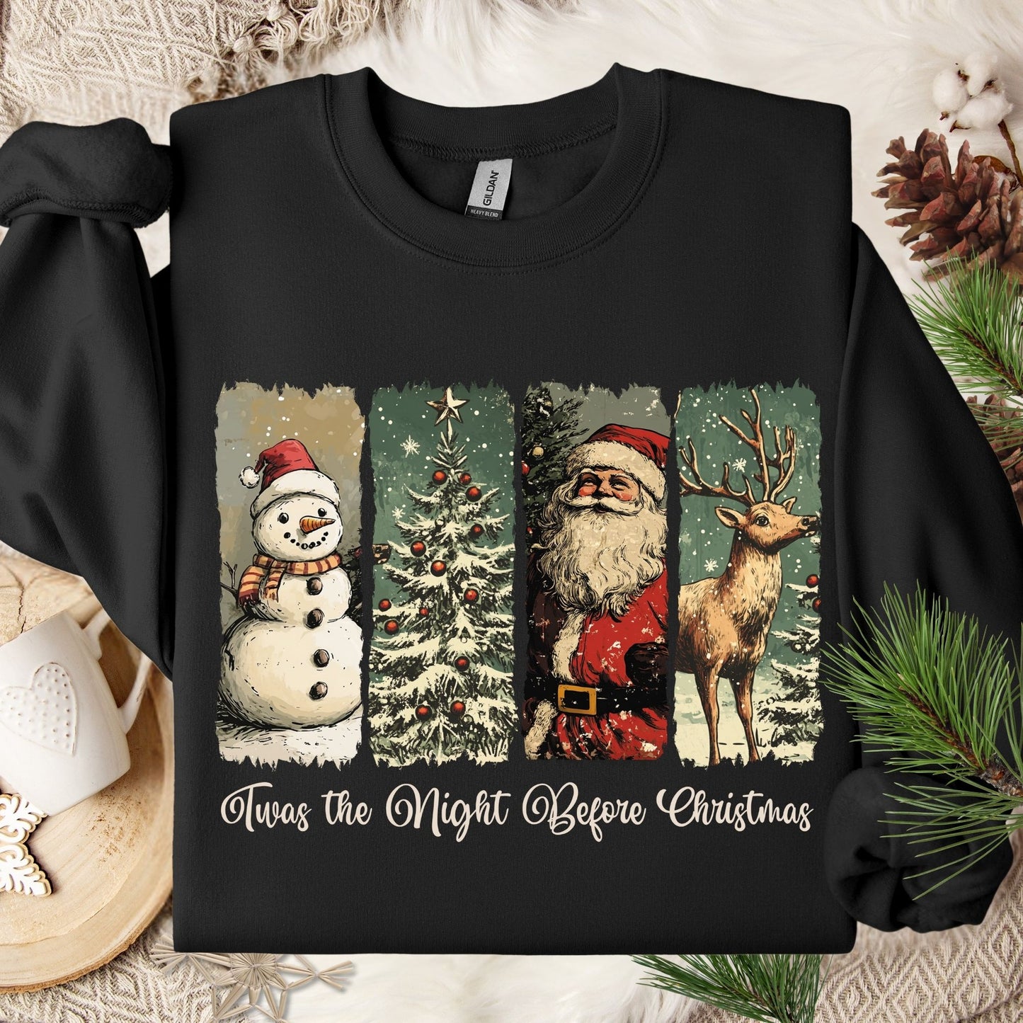Black Gildan sweatshirt with vintage Santa, snowman, reindeer, and Christmas tree design.