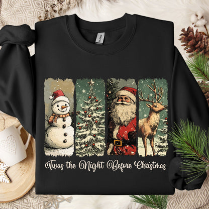 Black Gildan sweatshirt with vintage Santa, snowman, reindeer, and Christmas tree design.